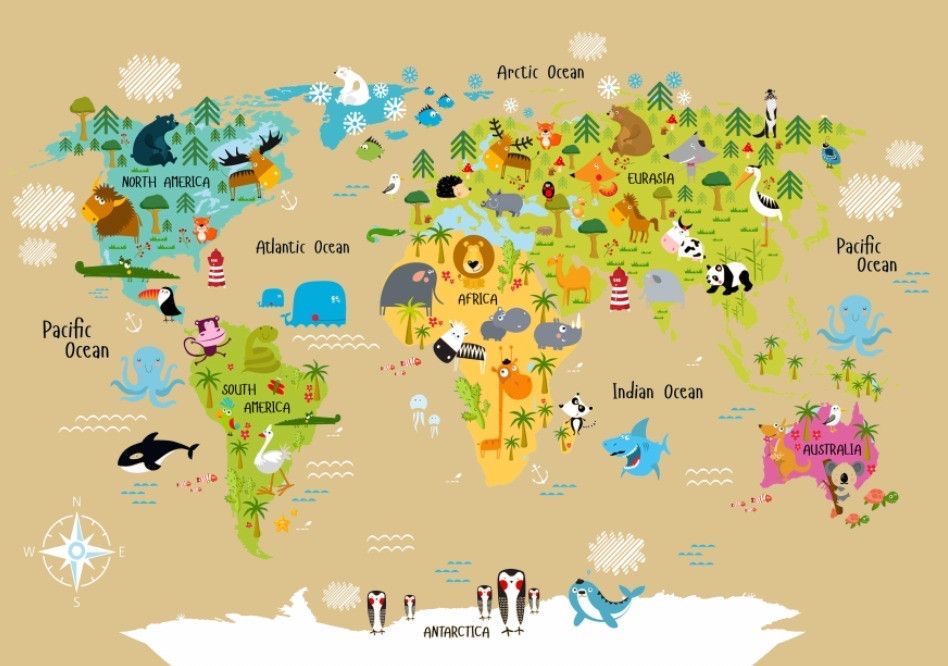 Плюшевий утеплений дитячий килим "Карта світу" світло - сірий
