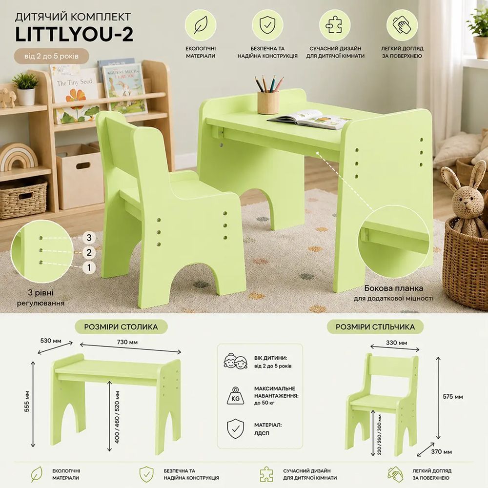 Дитячий комплект стіл та стілець LittlYou-2 (2&ndash;5 років), м'ята