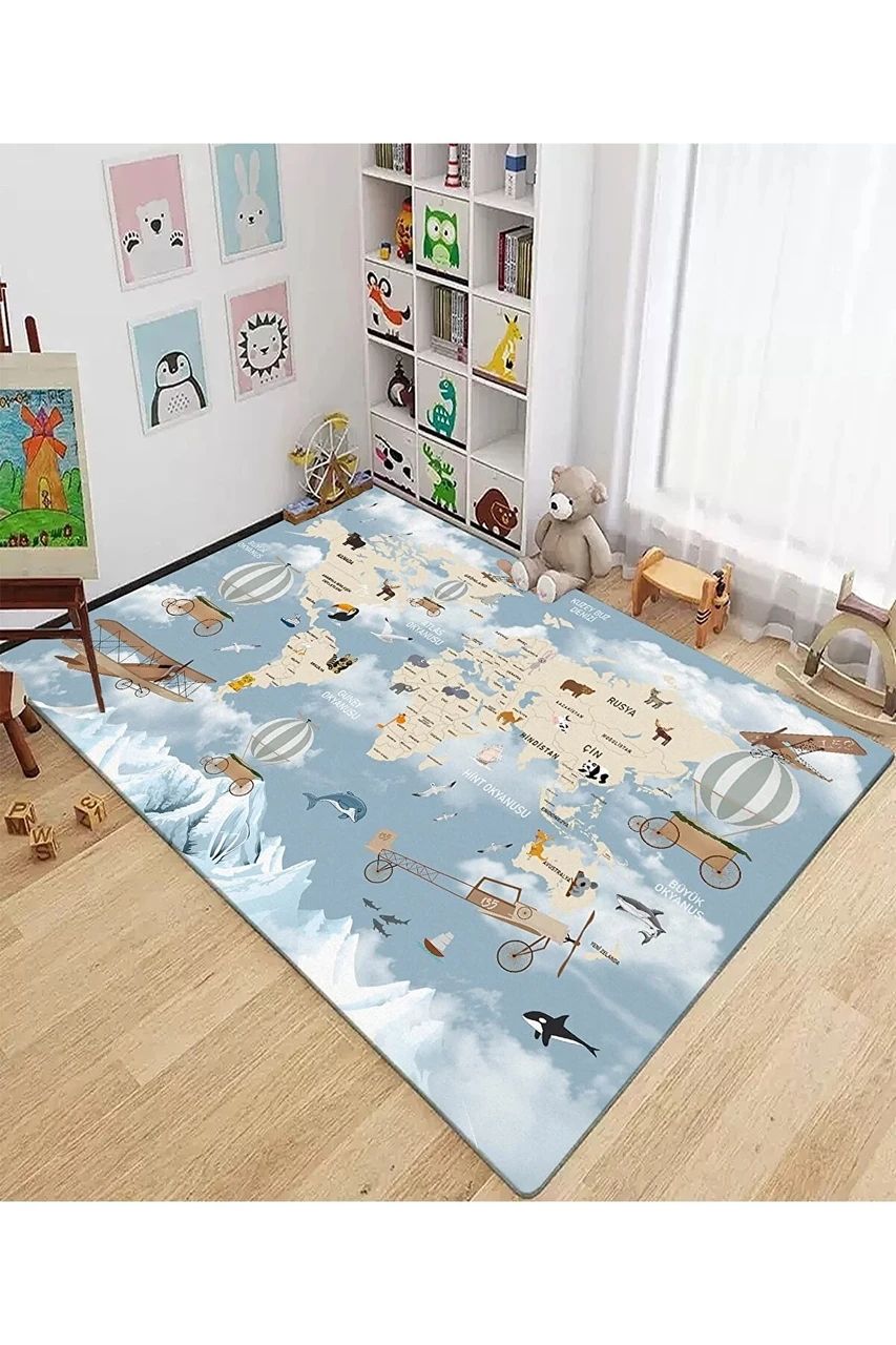 Плюшевый утепленный детский ковер "Карта мира с воздушными шарами"