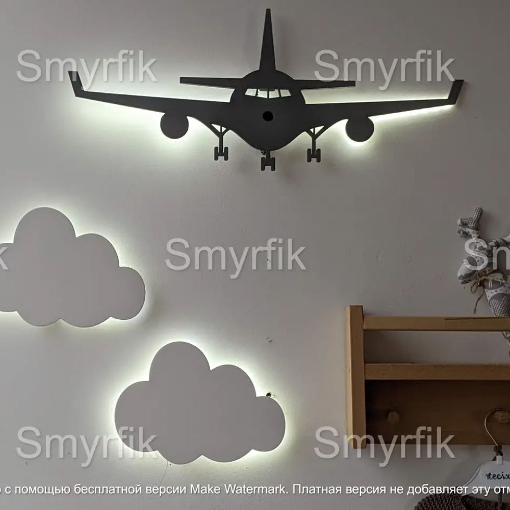 Настінний нічник ручної роботи "Літак 60 смз хмаринками"