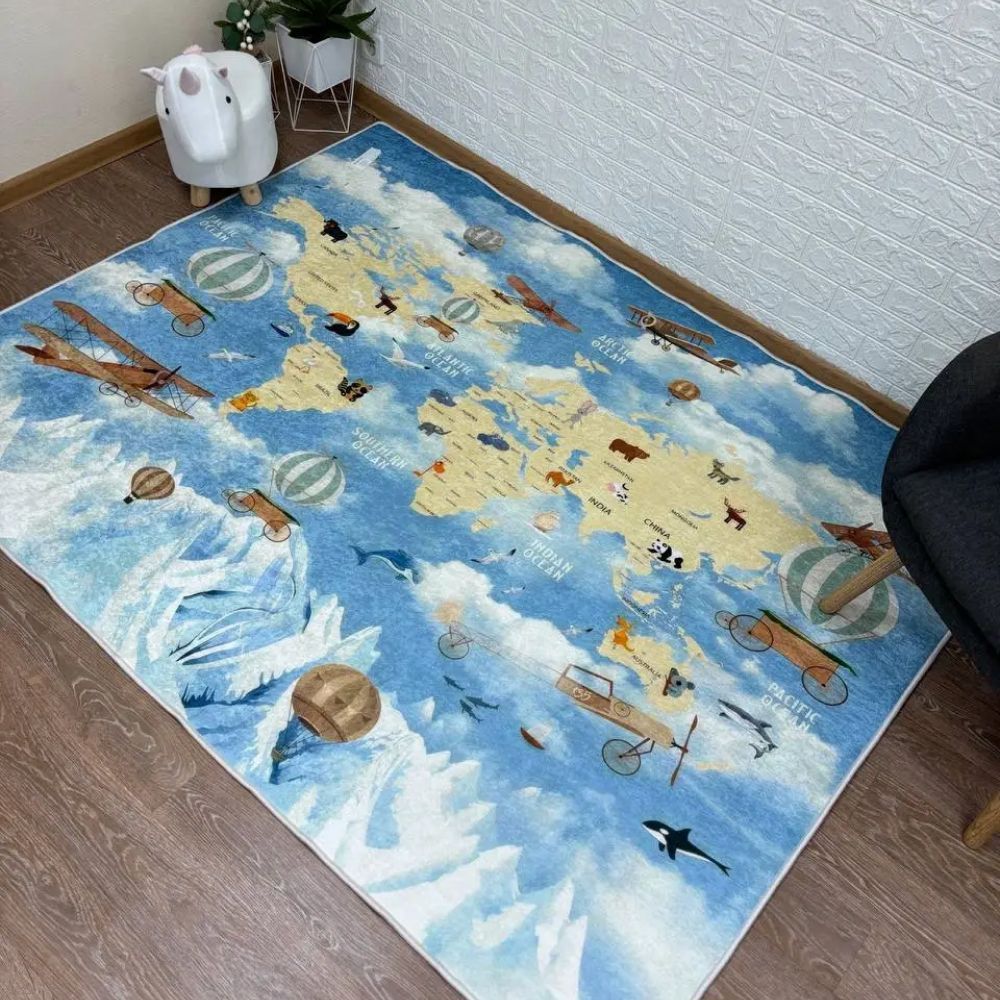 Коврик турецкий безворсовый детский Карта и шары, 150х200 см