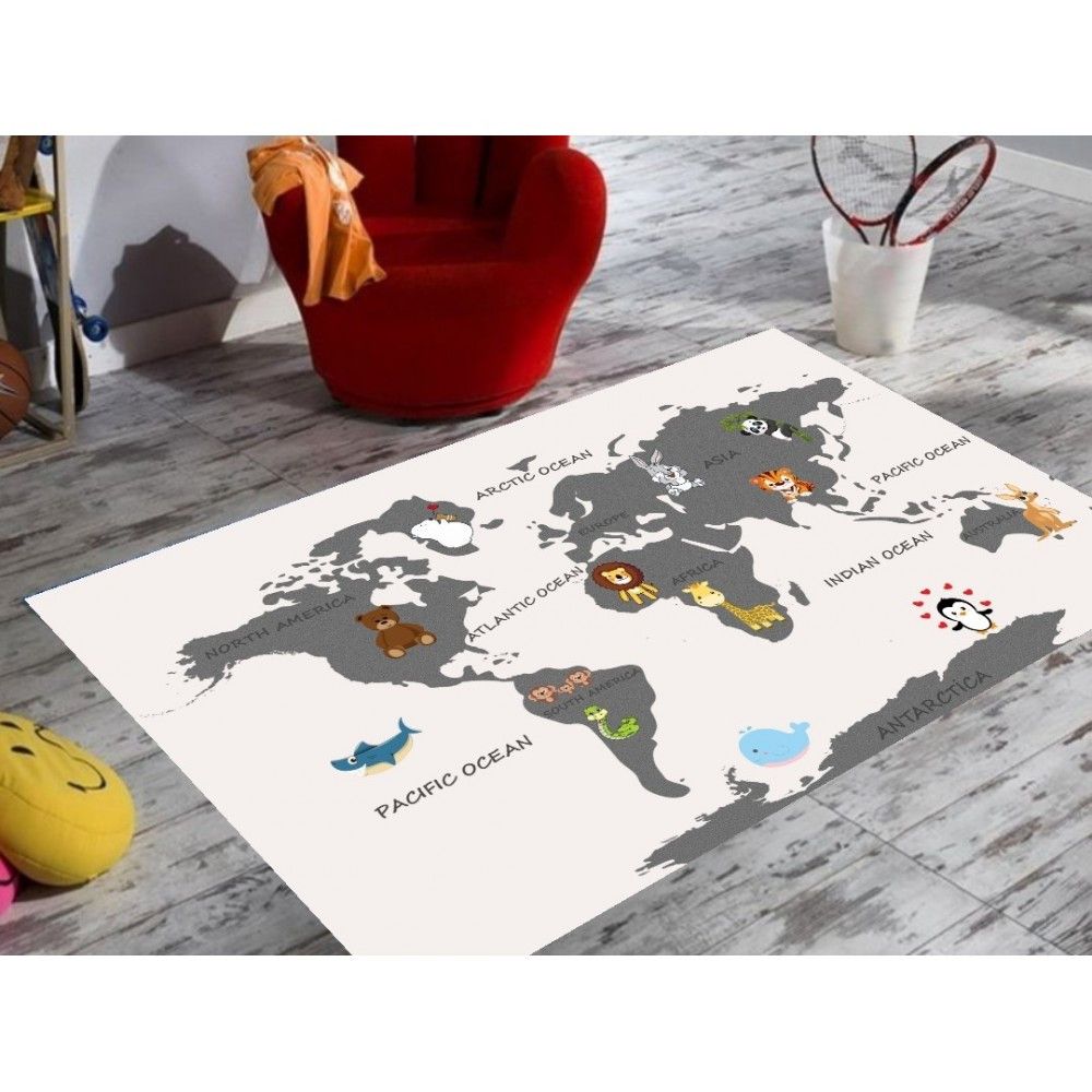 Плюшевий утеплений дитячий килим "Карта світу" білий