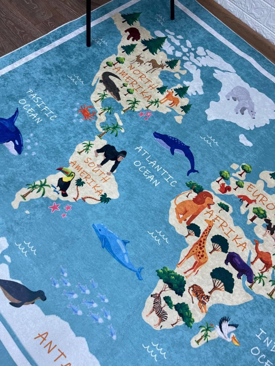 Турецкий безворсовой коврик "Карта мира голубая"