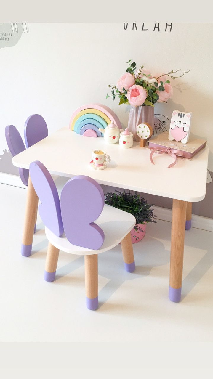 Детский стол и 2 стула (деревянный стульчик бабочка 2 шт и прямоугольный стол)