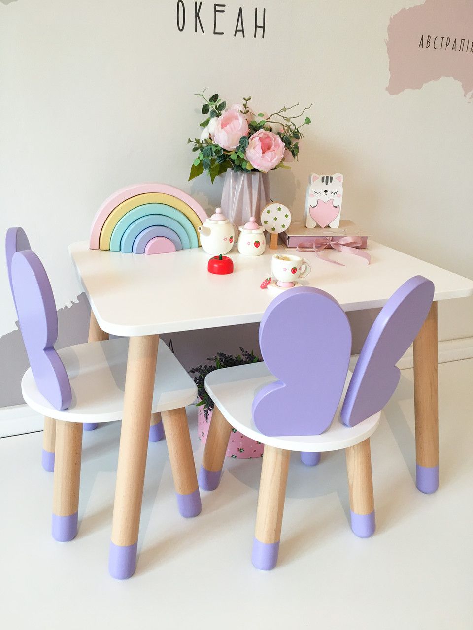 Детский стол и 2 стула (деревянный стульчик бабочка 2 шт и прямоугольный стол)