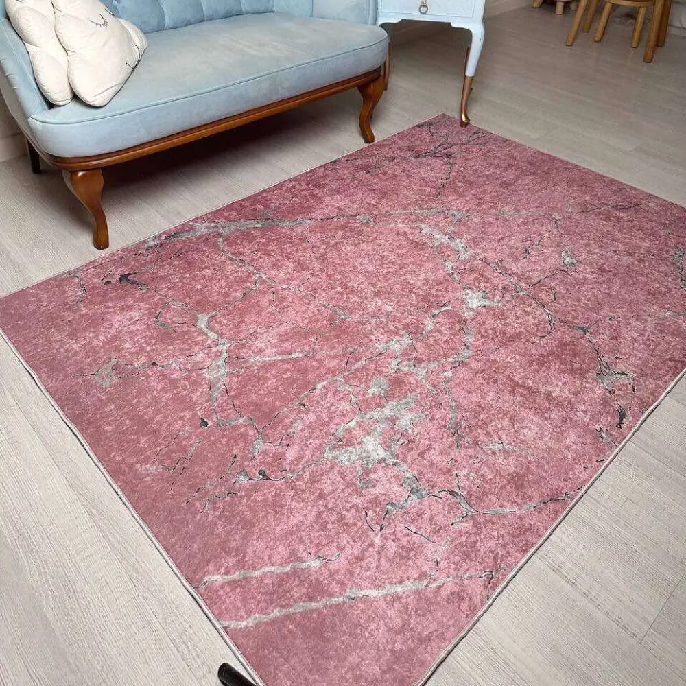 Коврик турецкий безворсовый Розовый мрамор серебро, 80х150 см