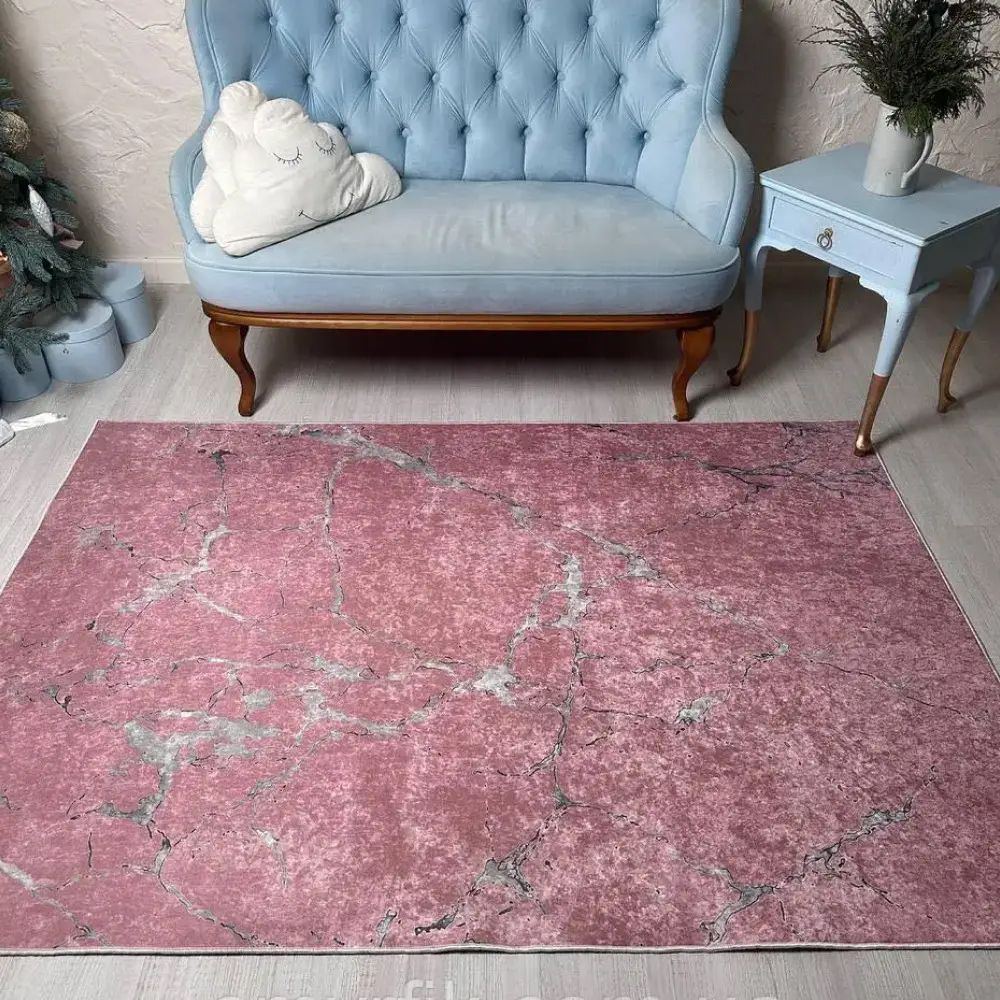 Коврик турецкий безворсовый Розовый мрамор серебро, 80х150 см