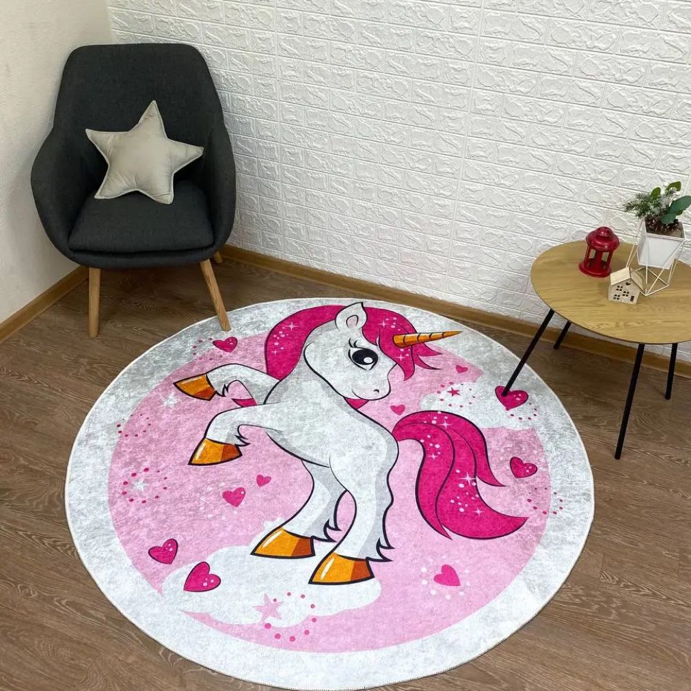 Круглий килим в дитячу "Рожевий єдиноріг" (діметр 160 см)